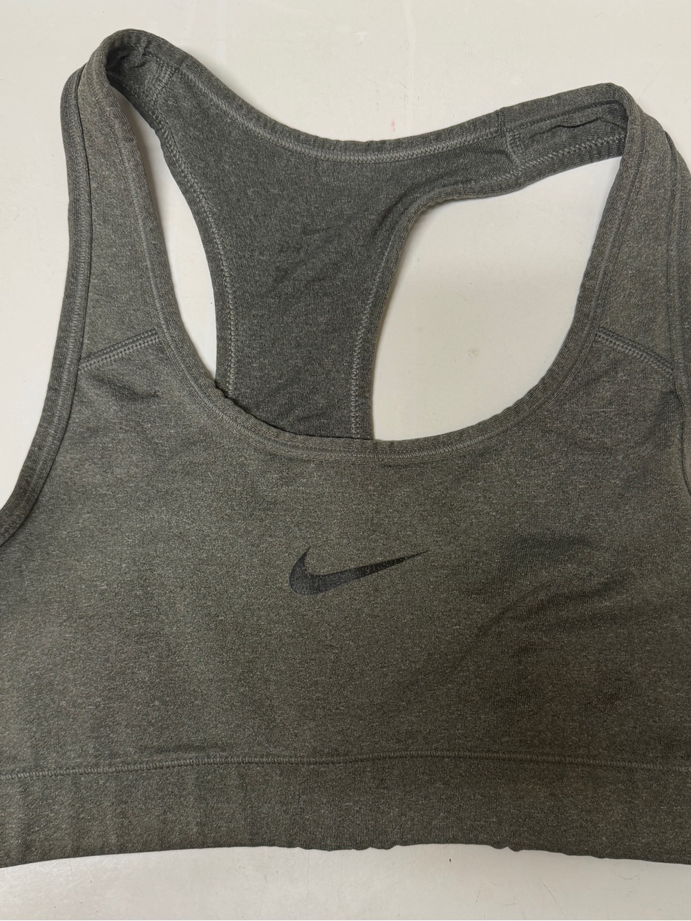 Nike Dri-FIT Racerback Sports Bra - Dark Gray with black Nike swoosh, girls XL.